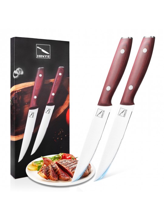 Steak Knife, Steak Knives Set of 2, Highly Resistant and Durable Stainless Steel Serrated Steak Knives with Wood Handle, Sharp Steak Knives with Color Box